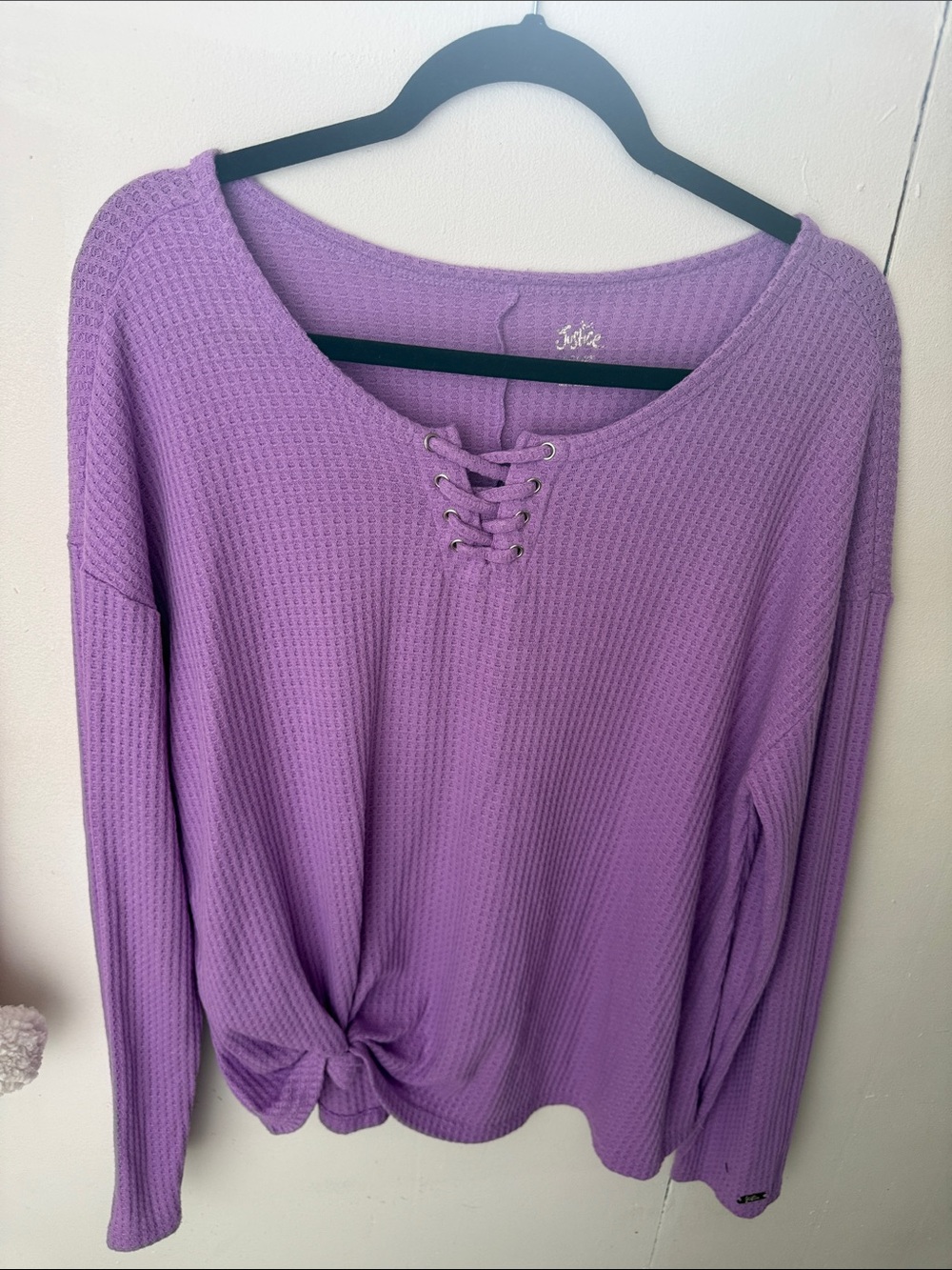 Justice SZ XL Plus Lavender Lace-Up Waffle Knit Long Sleeve Top